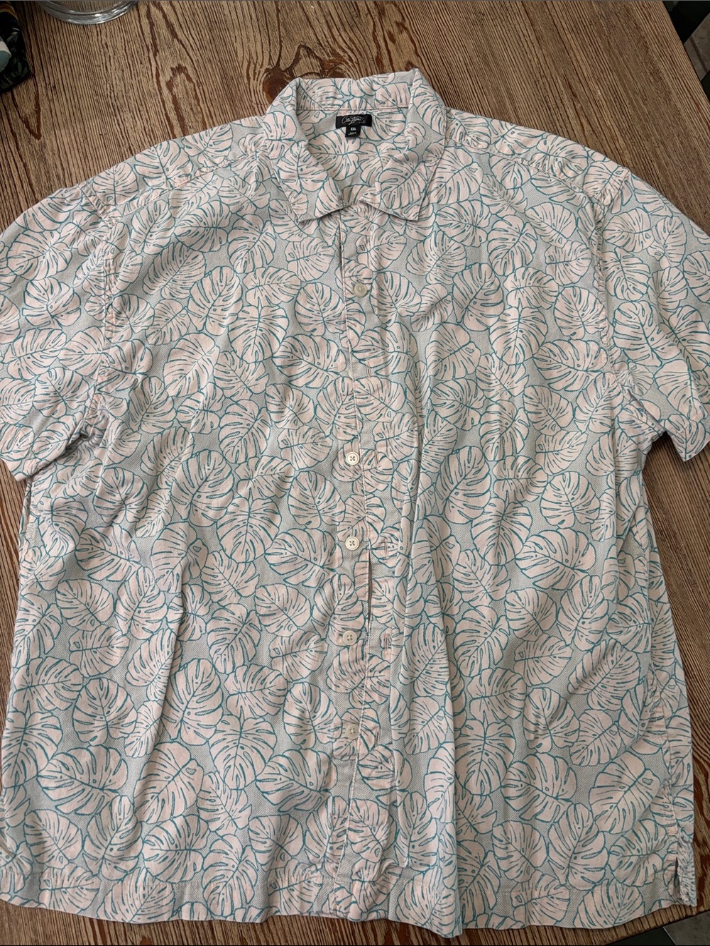 City Streets White Short-Sleeve Button-Up with Teal Leaf Print
